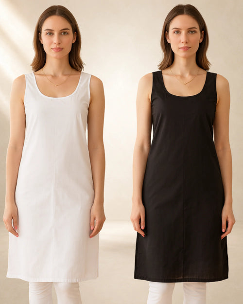 KURTIVERSE Women’s Poly Cotton Long Inner Slip Combo Pack of 2 with Side Slit | Black & White
