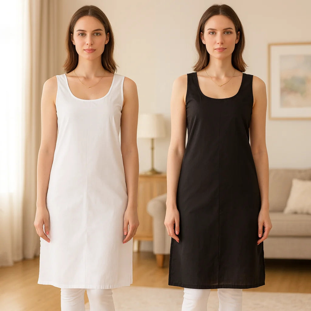 KURTIVERSE Women’s Poly Cotton Long Inner Slip Combo Pack of 2 with Side Slit | Black & White