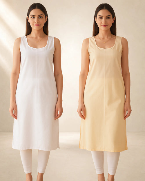 KURTIVERSE Women’s Poly Cotton Long Inner Slip Combo Pack of 2 with Side Slit | Beige and White