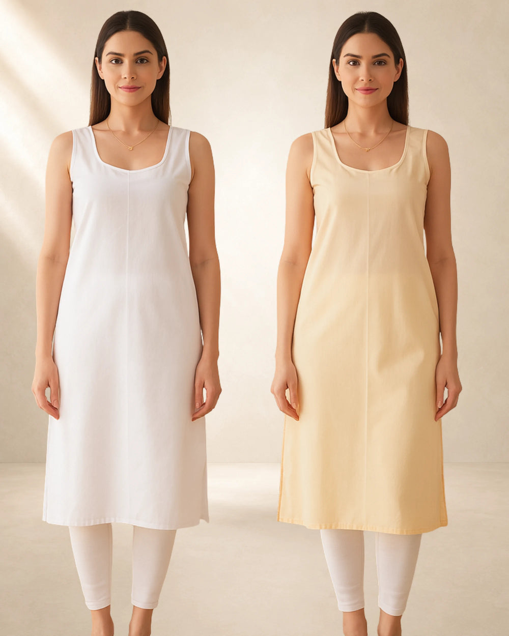 KURTIVERSE Women’s Poly Cotton Long Inner Slip Combo Pack of 2 with Side Slit | Beige and White