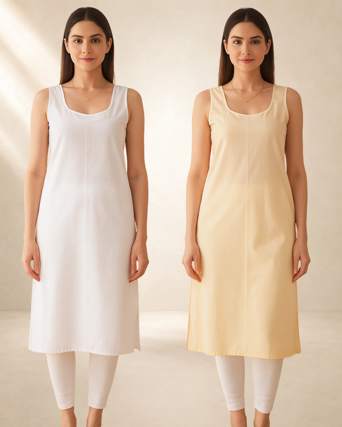 Women’s 41-Inch Long Inner Slip Combo – Beige & White (Pack of 2) – product image