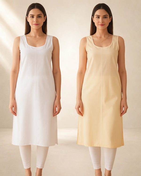 KURTIVERSE Women’s Poly Cotton Long Inner Slip Combo Pack of 2 with Side Slit | Beige and White