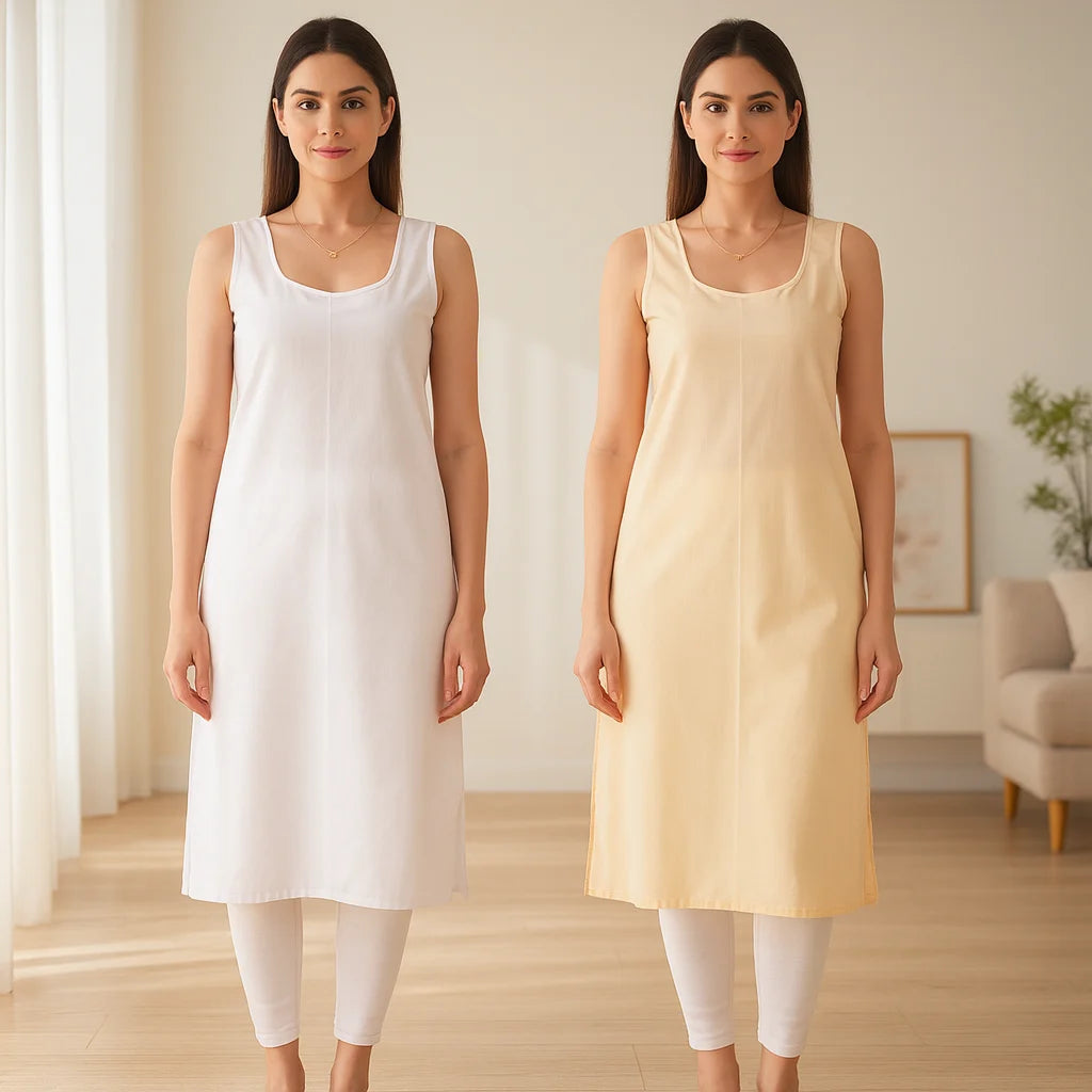 KURTIVERSE Women’s Poly Cotton Long Inner Slip Combo Pack of 2 with Side Slit | Beige and White