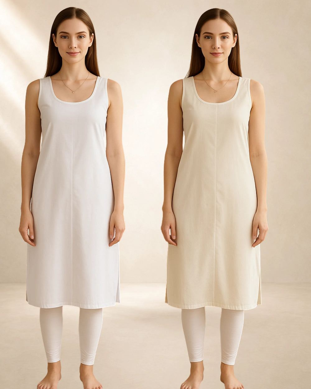 KURTIVERSE Women’s Poly Cotton Long Inner Slip Combo Pack of 2 with Side Slit | Cream & White
