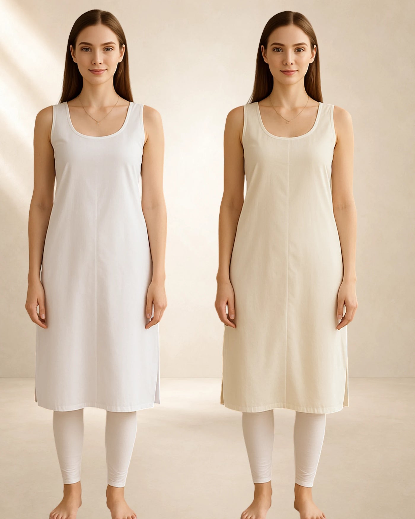KURTIVERSE Women’s Poly Cotton Long Inner Slip Combo Pack of 2 with Side Slit | Cream & White