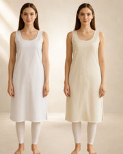 KURTIVERSE Women’s Poly Cotton Long Inner Slip Combo Pack of 2 with Side Slit | Cream & White