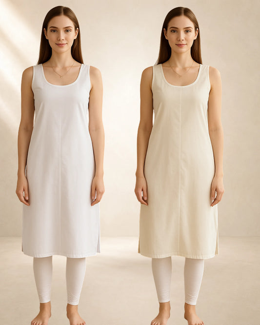 KURTIVERSE Women’s Poly Cotton Long Inner Slip Combo Pack of 2 with Side Slit | Cream & White
