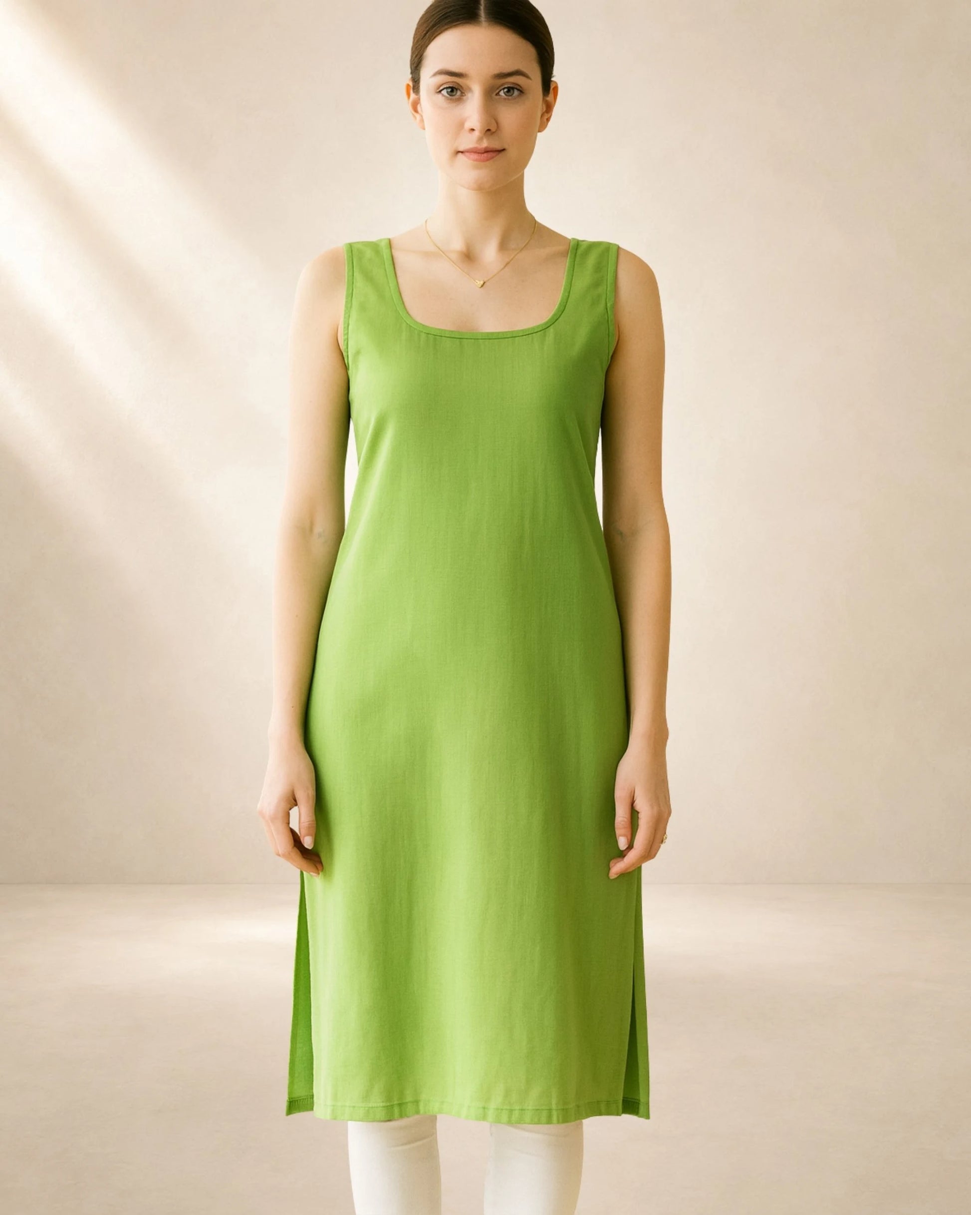 Green poly-cotton long inner slip for women – front view