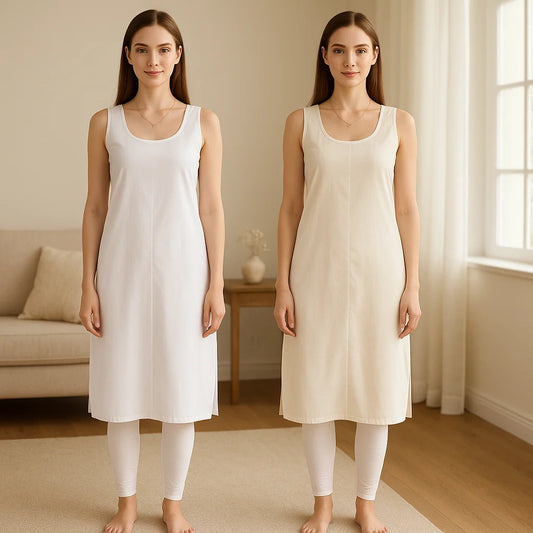 KURTIVERSE Women’s Poly Cotton Long Inner Slip Combo Pack of 2 with Side Slit | Cream & White