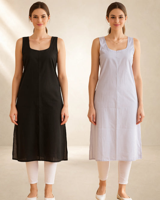 KURTIVERSE Women’s Poly Cotton Long Inner Slip Combo Pack of 2 with Side Slit | Black & Light Grey