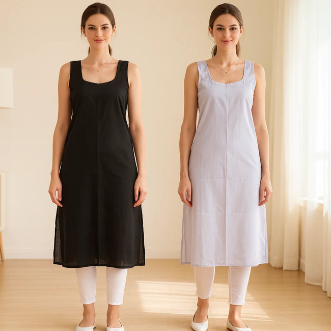 KURTIVERSE Women’s Poly Cotton Long Inner Slip Combo Pack of 2 with Side Slit | Black & Light Grey