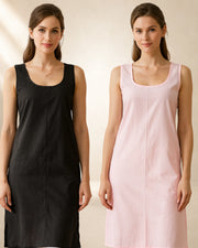 KURTIVERSE Women’s Poly Cotton Long Inner Slip Combo Pack of 2 with Side Slit | Black & Pink