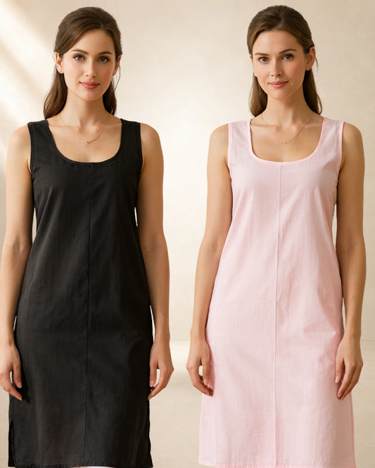 KURTIVERSE Women’s Poly Cotton Long Inner Slip Combo Pack of 2 with Side Slit | Black & Pink