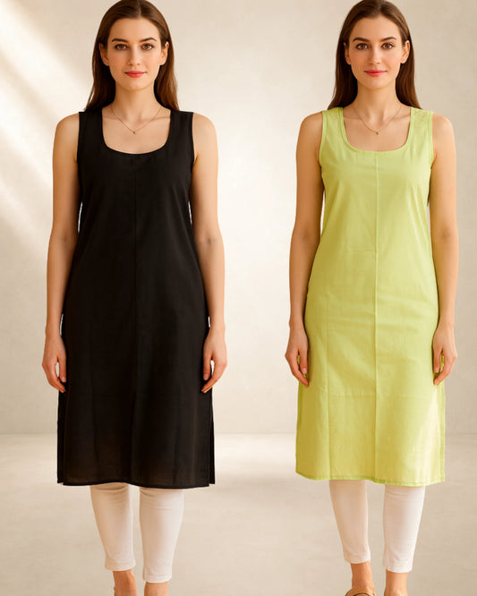 KURTIVERSE Women’s Poly Cotton Long Inner Slip Combo Pack of 2 with Side Slit | Pista Green & Black