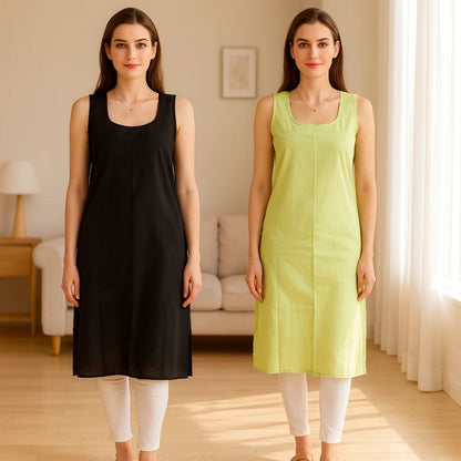 KURTIVERSE Women’s Poly Cotton Long Inner Slip Combo Pack of 2 with Side Slit | Pista Green & Black