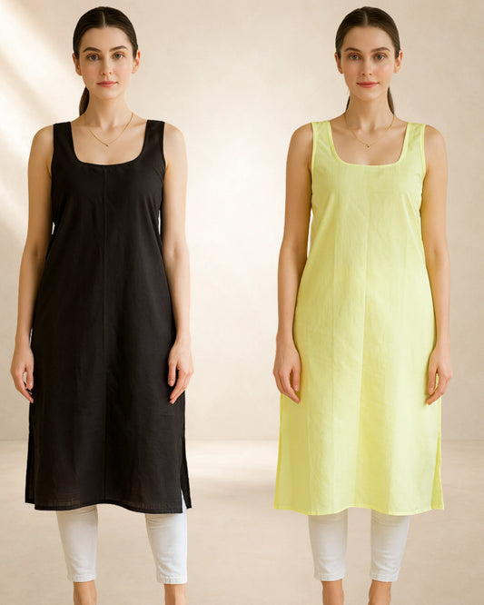 KURTIVERSE Women’s Poly Cotton Long Inner Slip Combo Pack of 2 with Side Slit | Fawn Yellow & Black