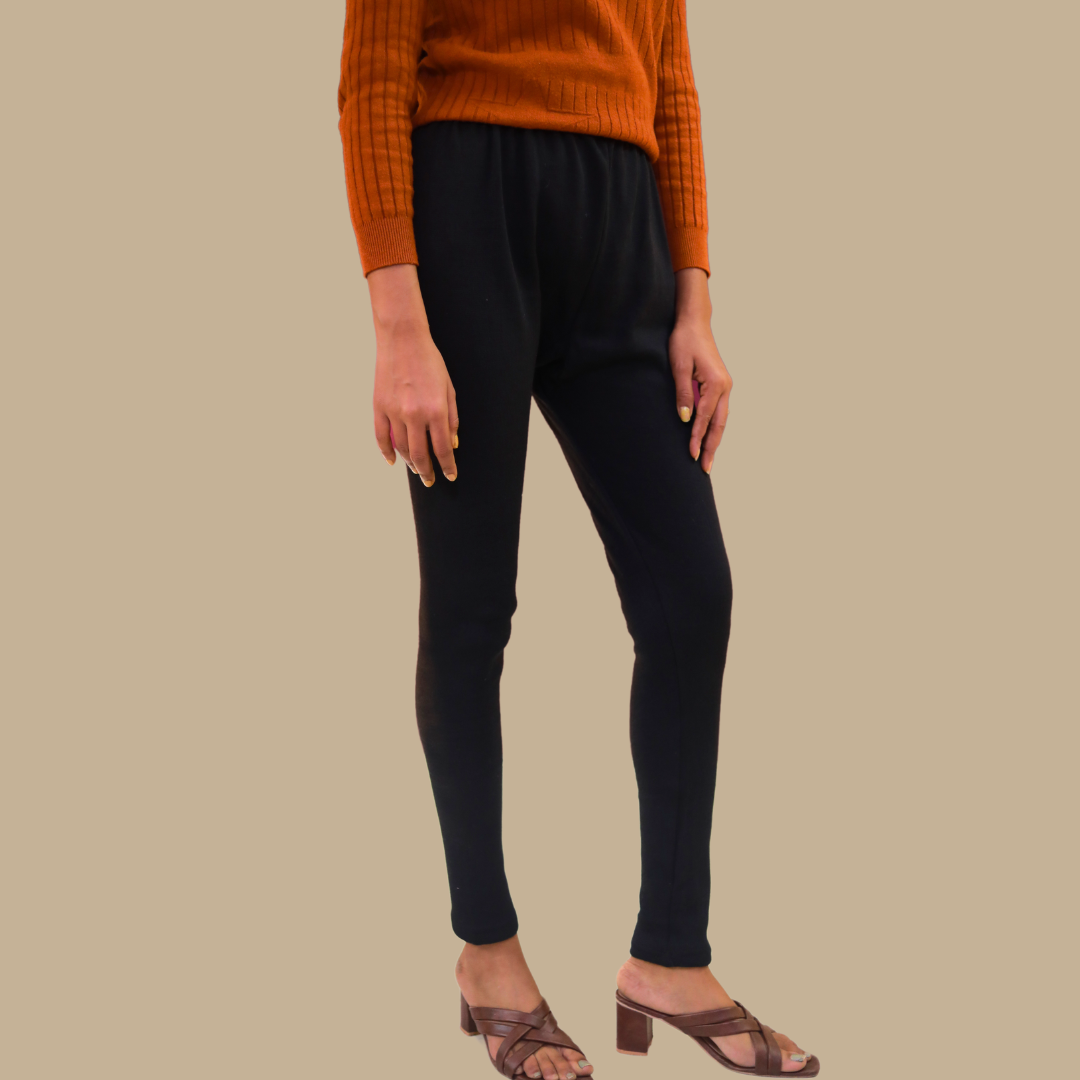 KURTIVERSE Black Plus Size Woolen Leggings, Winter Thermal Legging, 30-40 Inch Waist, Stretchable
