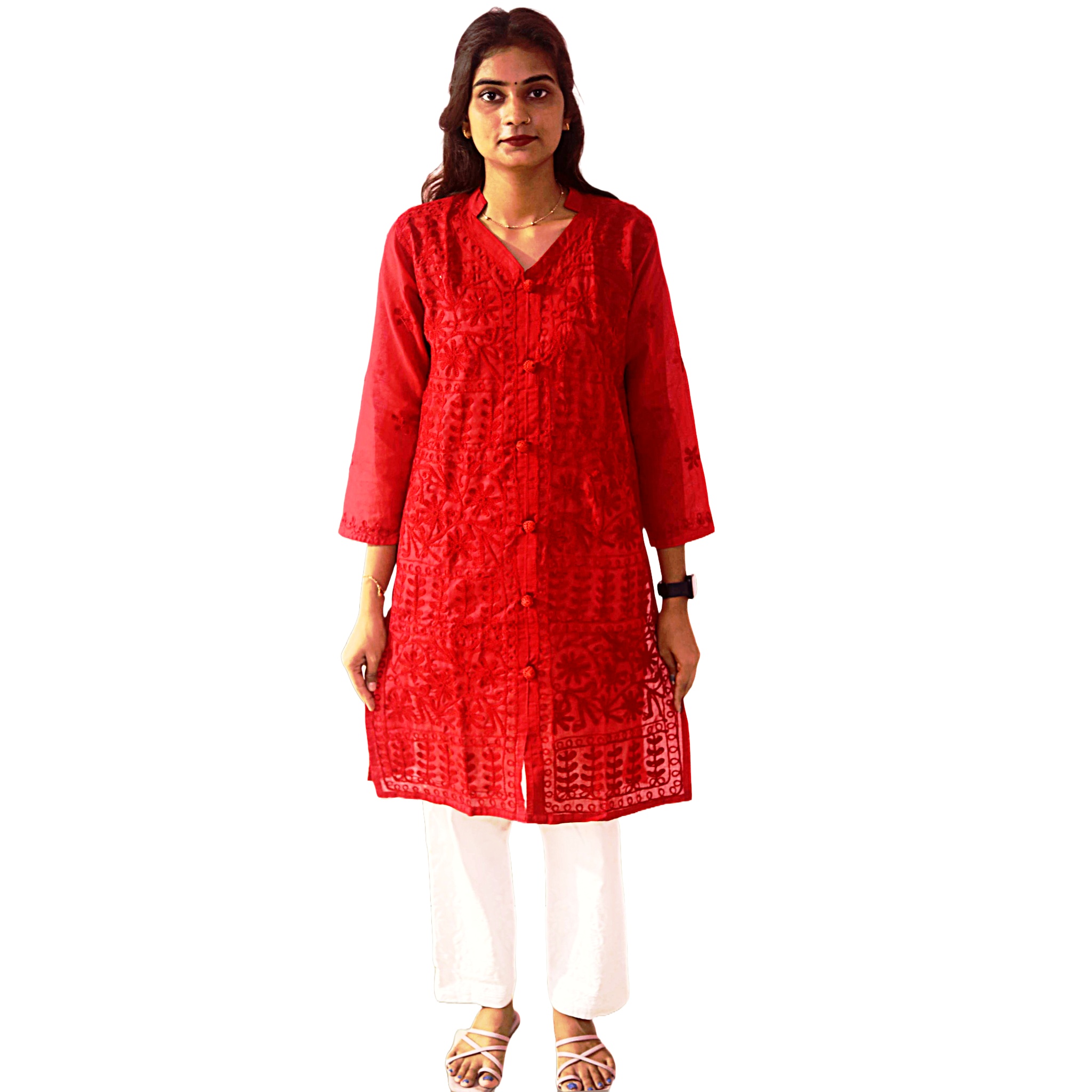 KurtiVerse Women Cotton Button Kurti Red