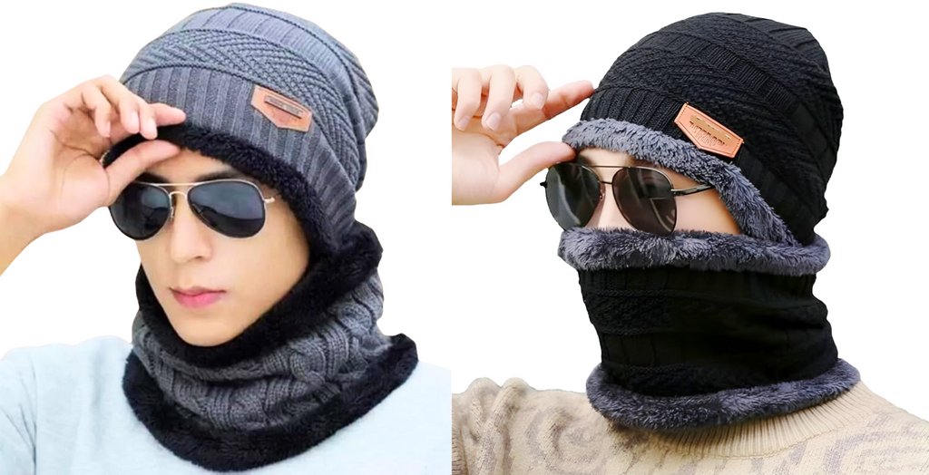 KURTIVERSE Grey & Black Woolen Cap Neck Warmer Set Combo Pack Of 2