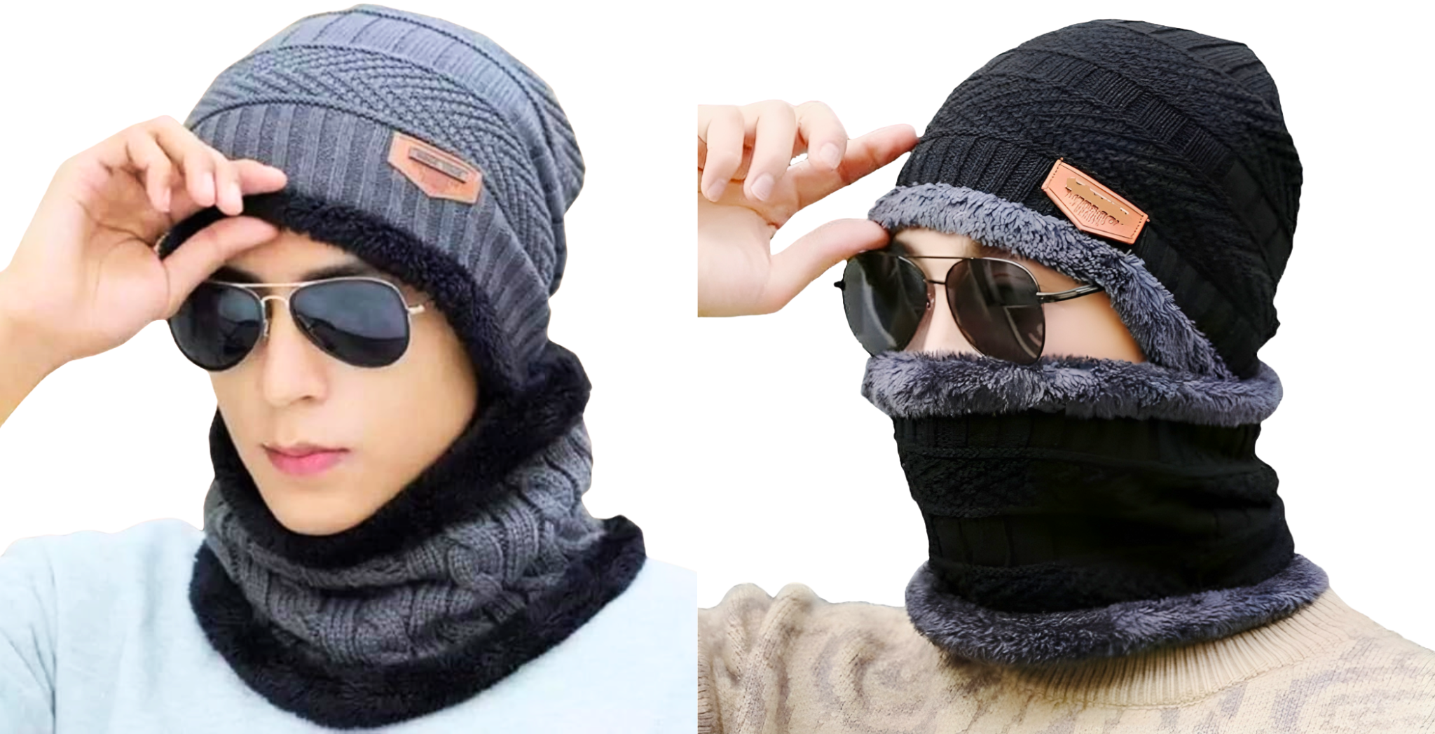 KURTIVERSE Grey & Black Woolen Cap Neck Warmer Set Combo Pack Of 2
