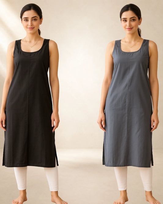 KURTIVERSE Women’s Poly Cotton Long Inner Slip Combo Pack of 2 with Side Slit | Dark Grey & Black