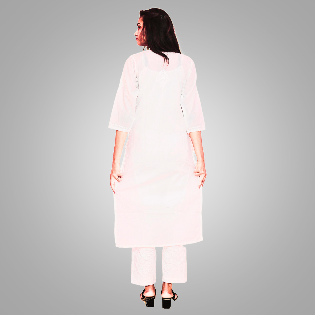 KURTIVERSE White Pure Cotton V Neck Kurti Women Chikankari Kurta