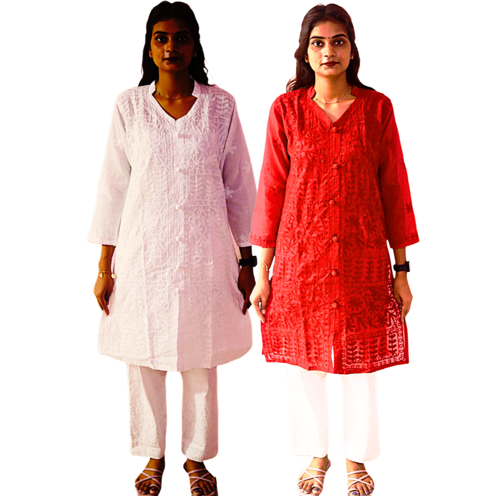 KurtiVerse White & Red Button Kurti Combo Pack Of 2