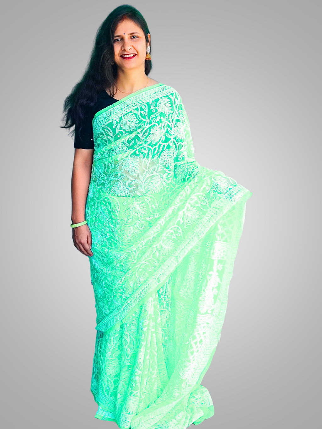 KURTIVERSE Chikan Hand Embroidered Georgette Saree with Blouse