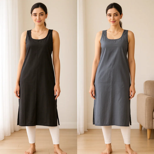 KURTIVERSE Women’s Poly Cotton Long Inner Slip Combo Pack of 2 with Side Slit | Grey & Black