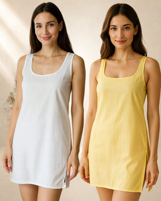KURTIVERSE Women’s Cotton Short Inner Slip Combo Pack of 2 | White & Yellow