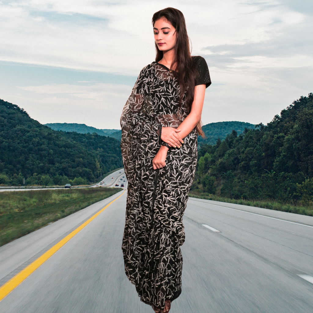 KurtiVerse Women Chikan Tepchi Embroidery Saree with Blouse Pcs