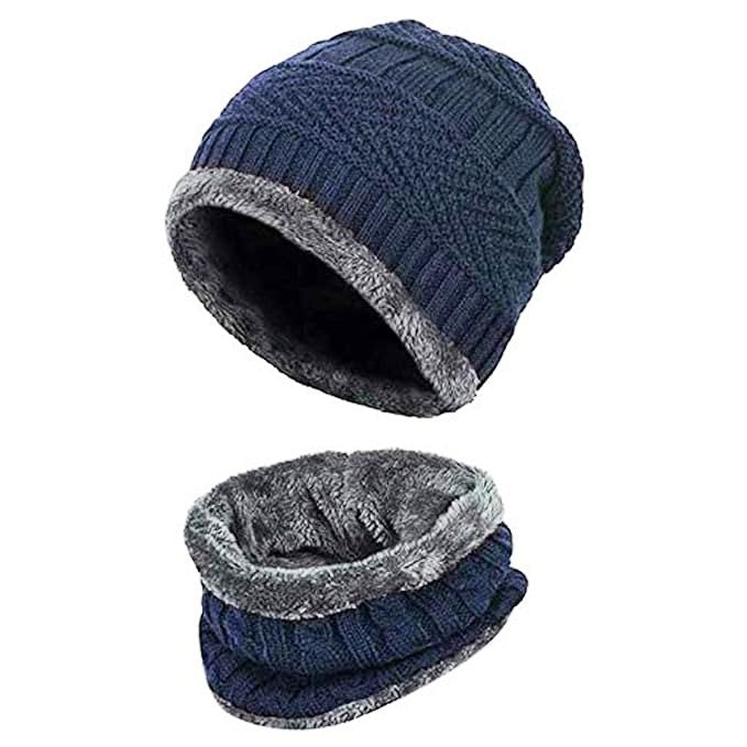 KURTIVERSE Grey & Blue Woolen Cap Neck Warmer Set Combo Pack Of 2