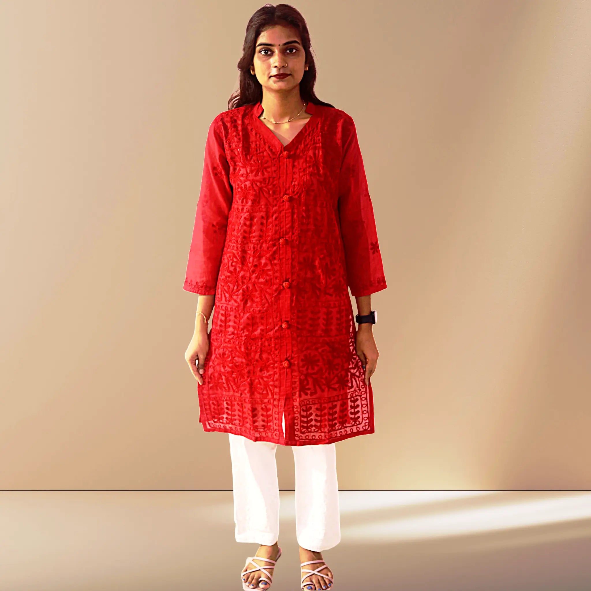 Women Cotton Kurti with Chikan Machine Embroidery Work Kurta for Ladies Diwali Festival Dress KurtiVerse