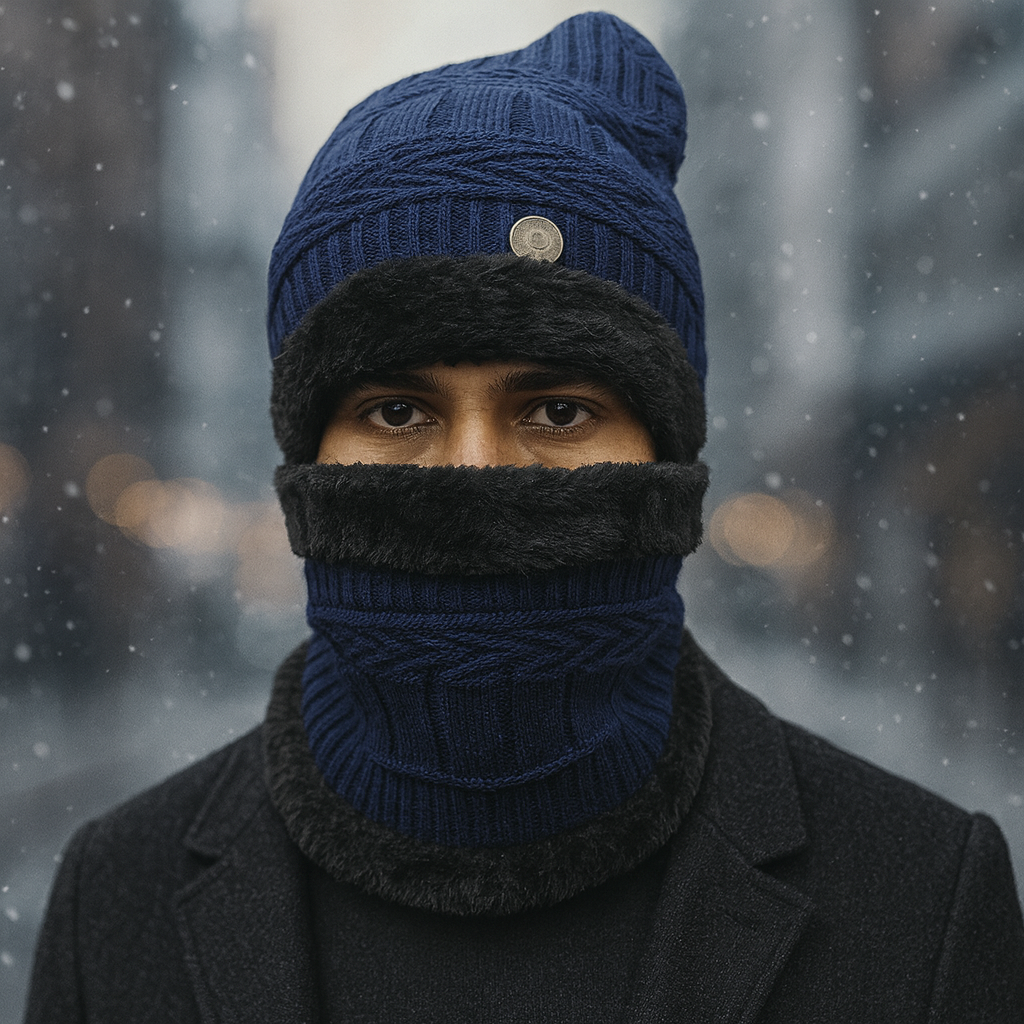 Kurtiverse Oversized Winter Beanie Cap & Neck Warmer Set — Street Style XL Knit Hat + Fleece Muffler | Unisex Big Head Fit | Comfort Warmth for City Winters