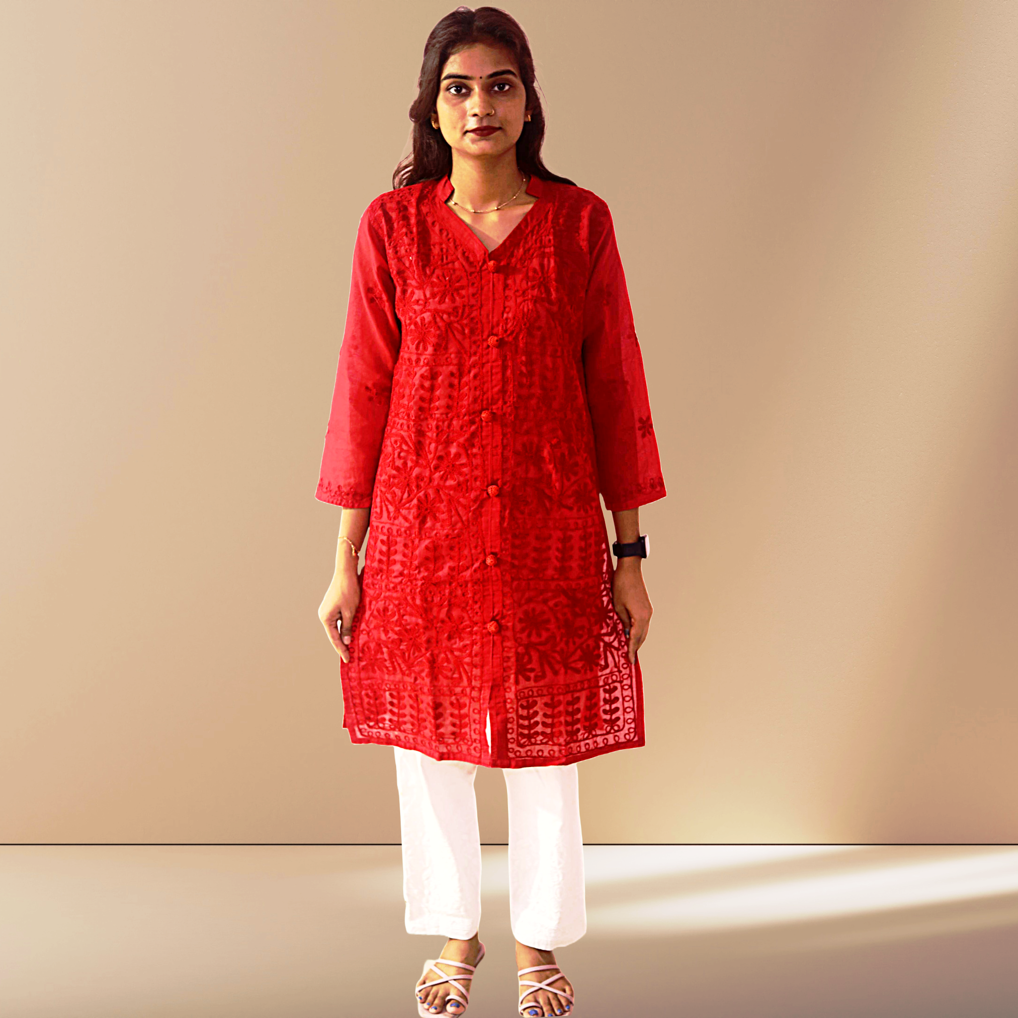 KurtiVerse Women Cotton Button Kurti Red