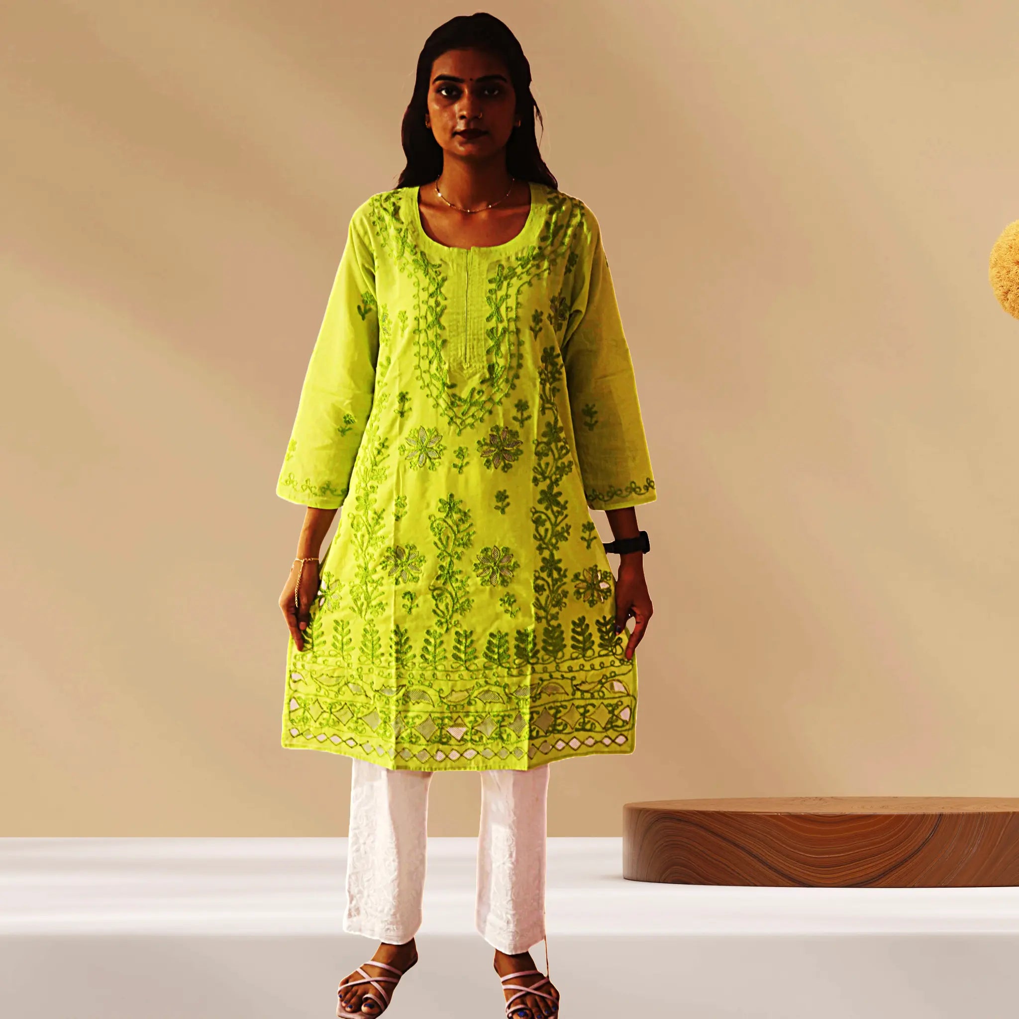 Chikan Cotton Kurti for Women with Net Embroidery Diwali Dress KurtiVerse