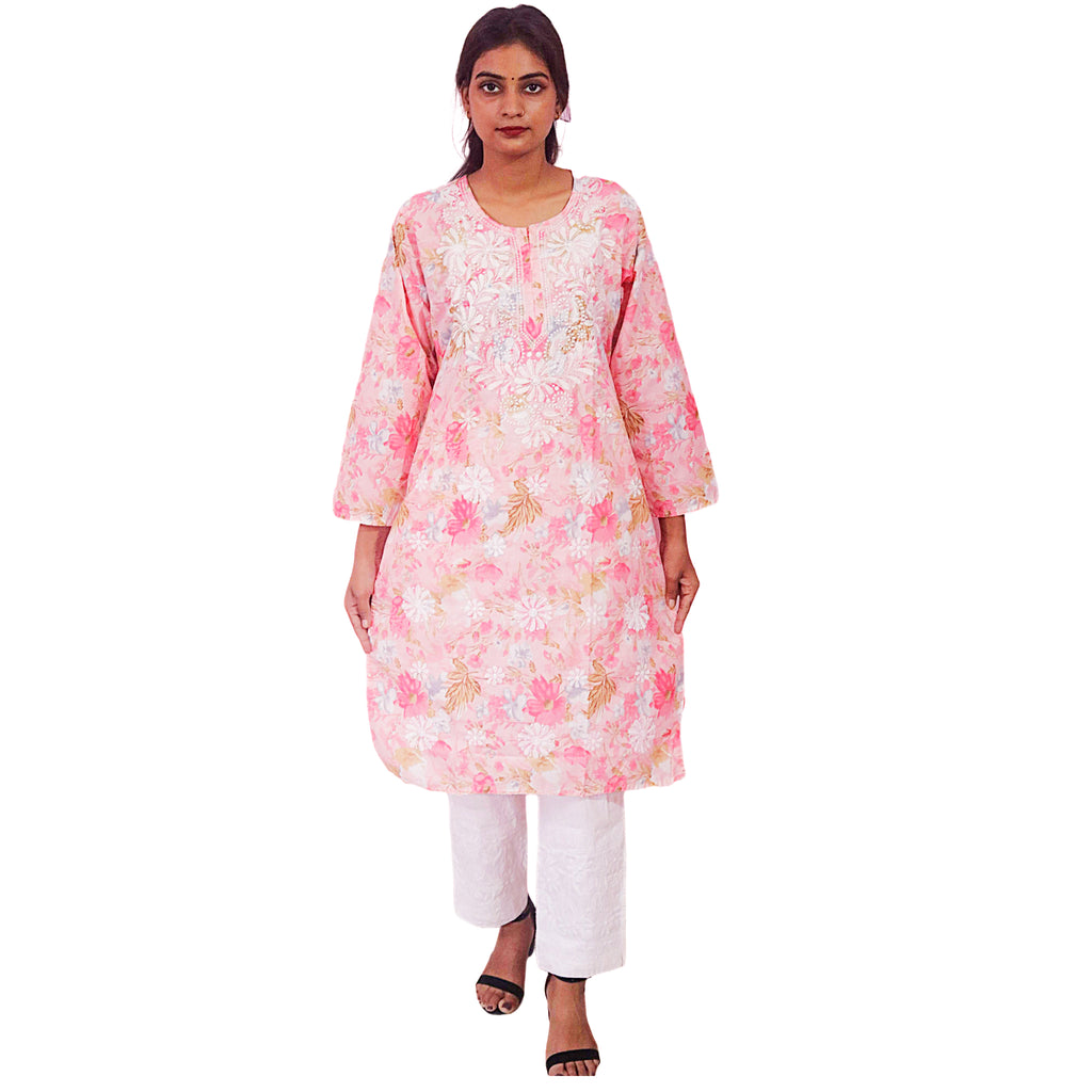 Women Printed Cotton Kurti with Embroidery Machine Work Kurta Top