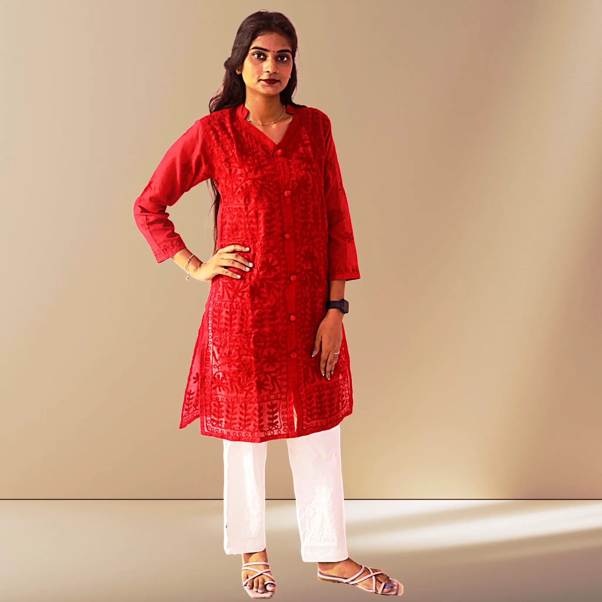 Women Cotton Kurti with Chikan Machine Embroidery Work Kurta for Ladies Diwali Festival Dress KurtiVerse