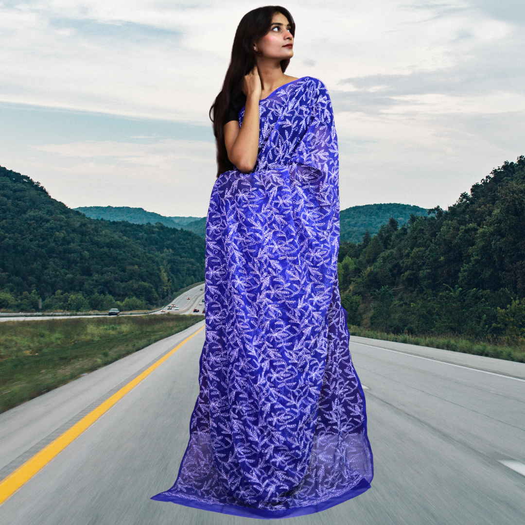 KURTIVERSE Women Chikankari Hand Embroidery Saree Blouse, Royal Blue