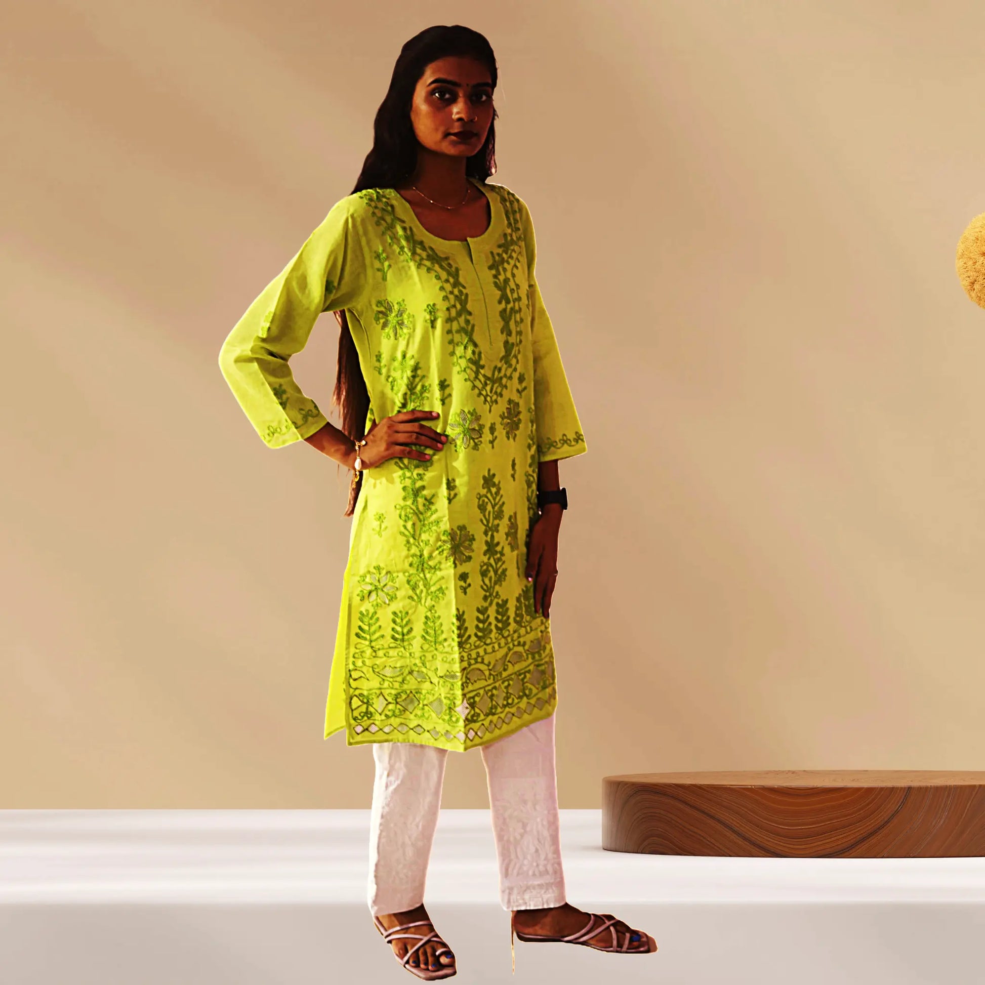 Chikan Cotton Kurti for Women with Net Embroidery Diwali Dress KurtiVerse