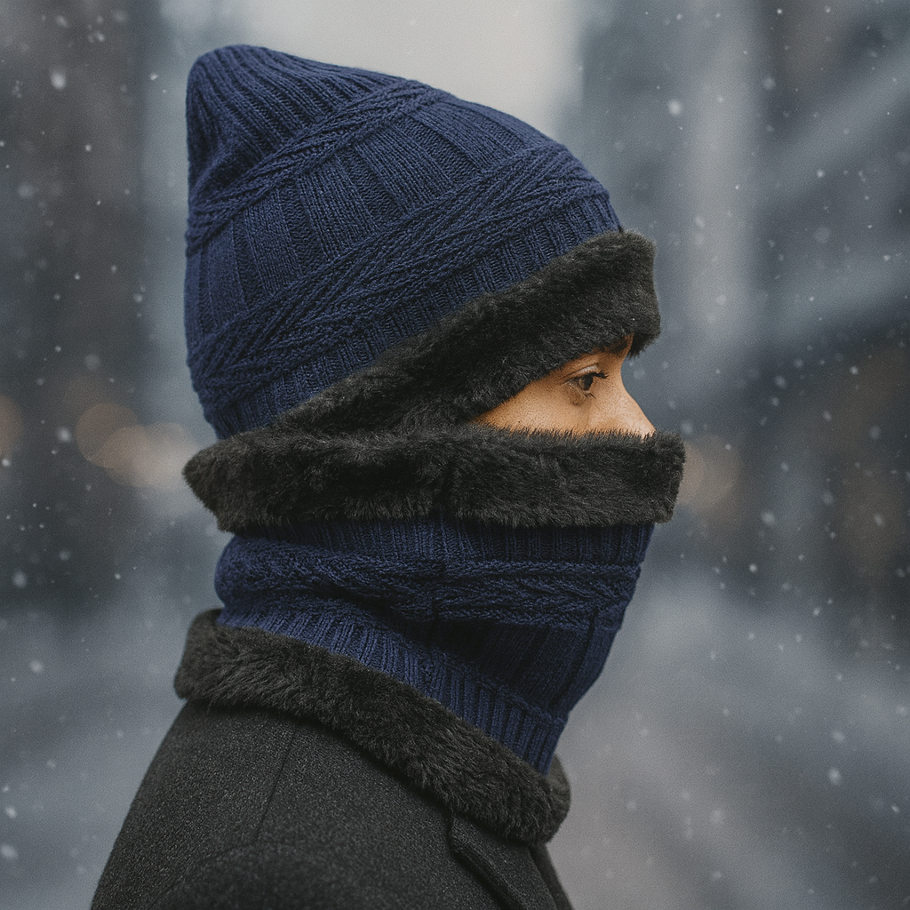 Kurtiverse Oversized Winter Beanie Cap & Neck Warmer Set — Street Style XL Knit Hat + Fleece Muffler | Unisex Big Head Fit | Comfort Warmth for City Winters