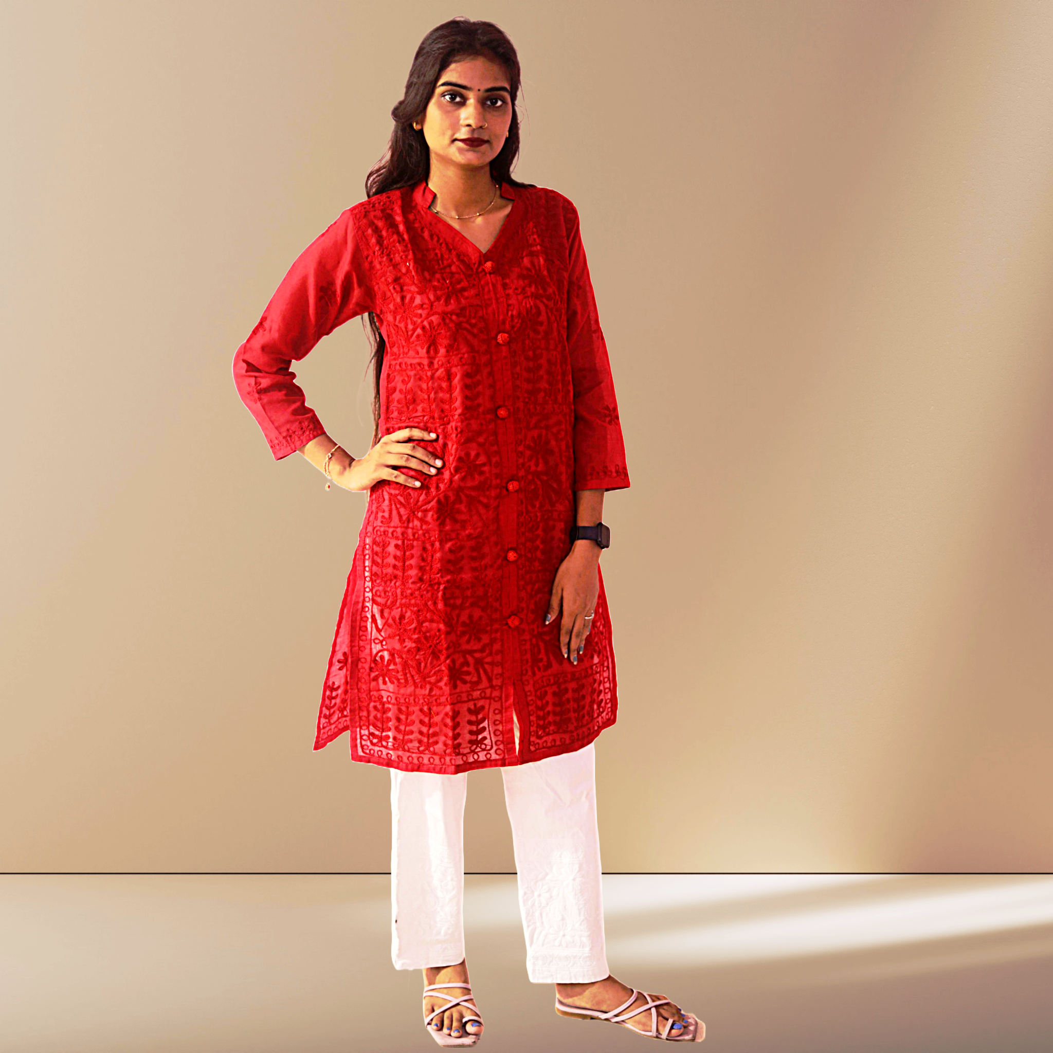 KurtiVerse Women Cotton Button Kurti Red