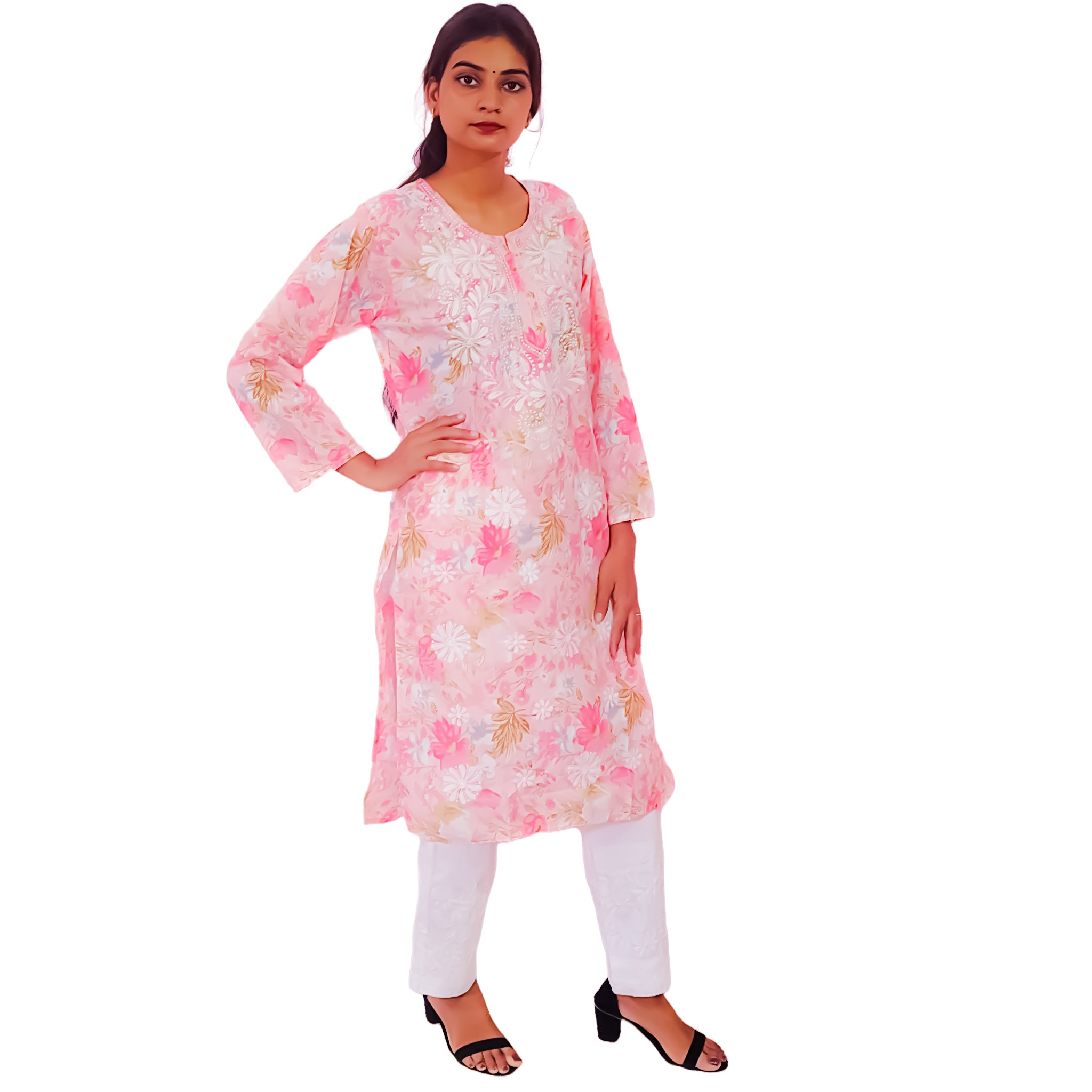 Women Printed Cotton Kurti with Embroidery Machine Work Kurta Top