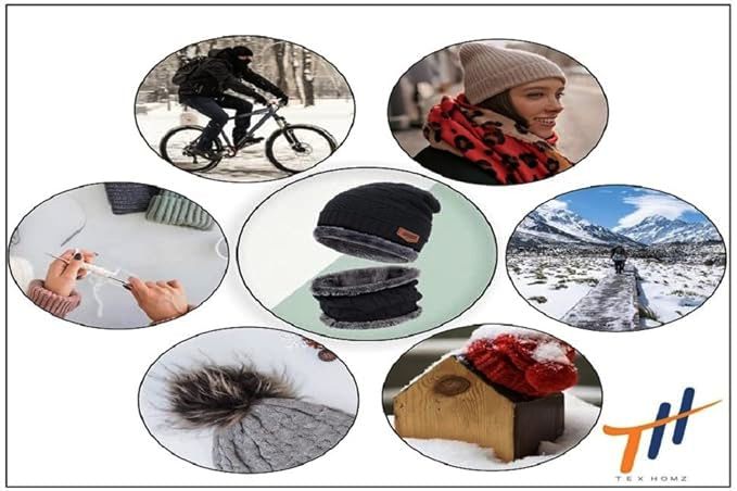 KURTIVERSE Grey & Blue Woolen Cap Neck Warmer Set Combo Pack Of 2