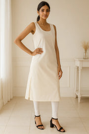 KURTIVERSE Women’s Poly Cotton Long Inner Slip Combo Pack of 2 with Side Slit | Cream & White