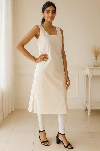 KURTIVERSE Women’s Poly Cotton Long Inner Slip Combo Pack of 2 with Side Slit | Cream & White