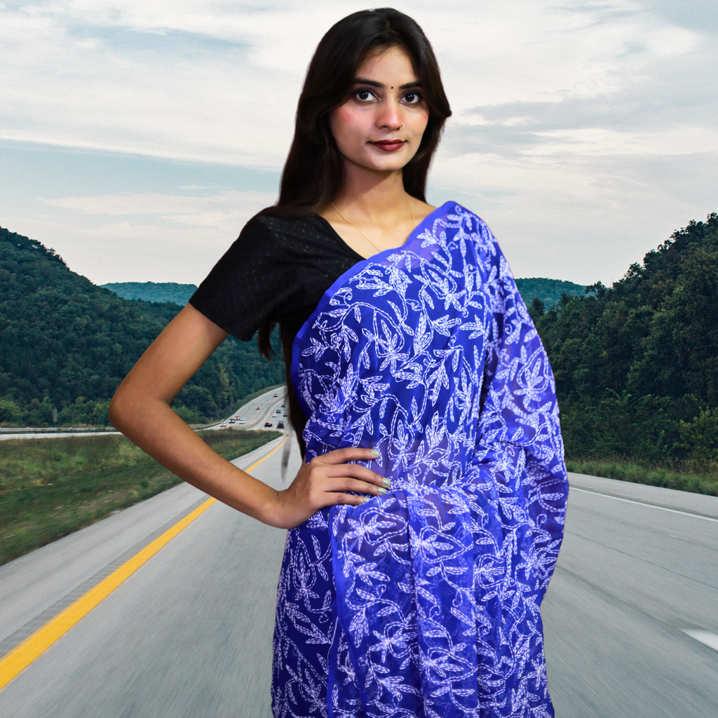 KURTIVERSE Women Chikankari Hand Embroidery Saree Blouse, Royal Blue