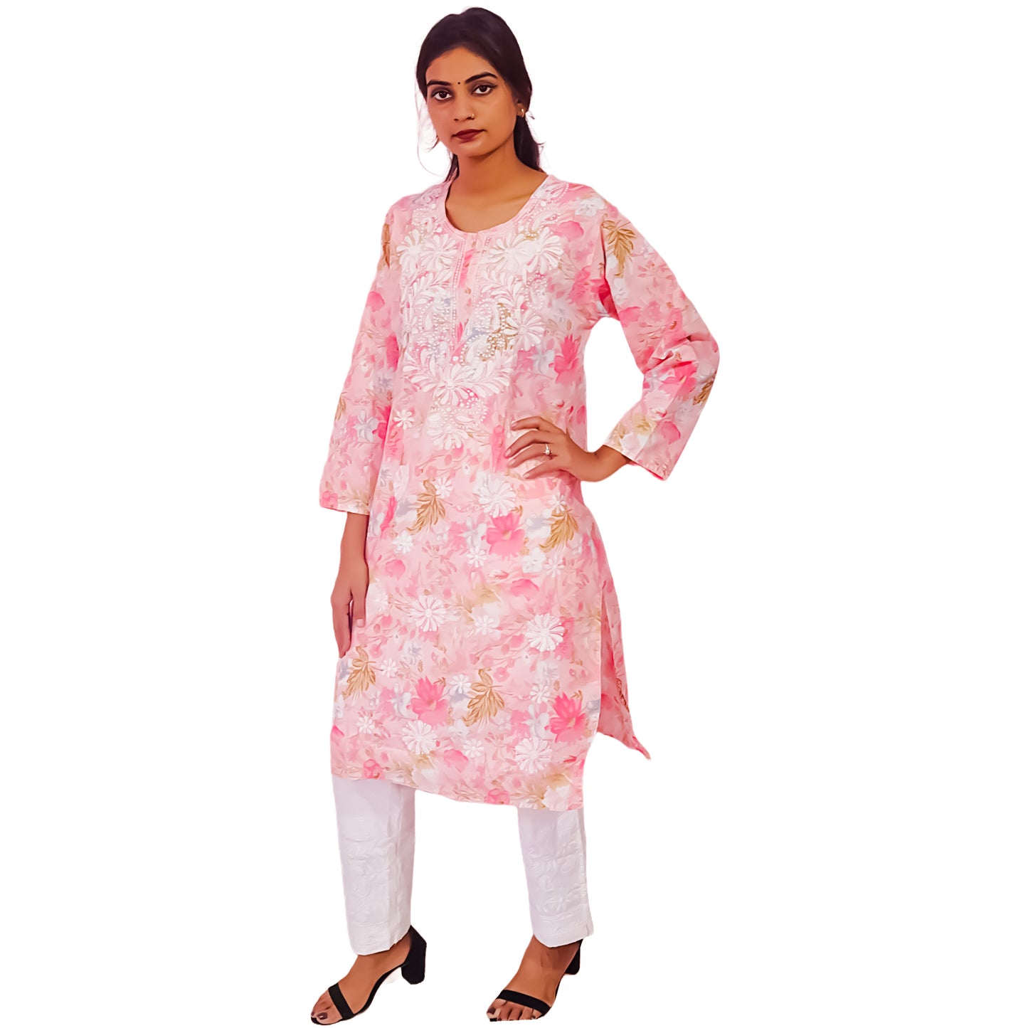 Women Printed Cotton Kurti with Embroidery Machine Work Kurta Top