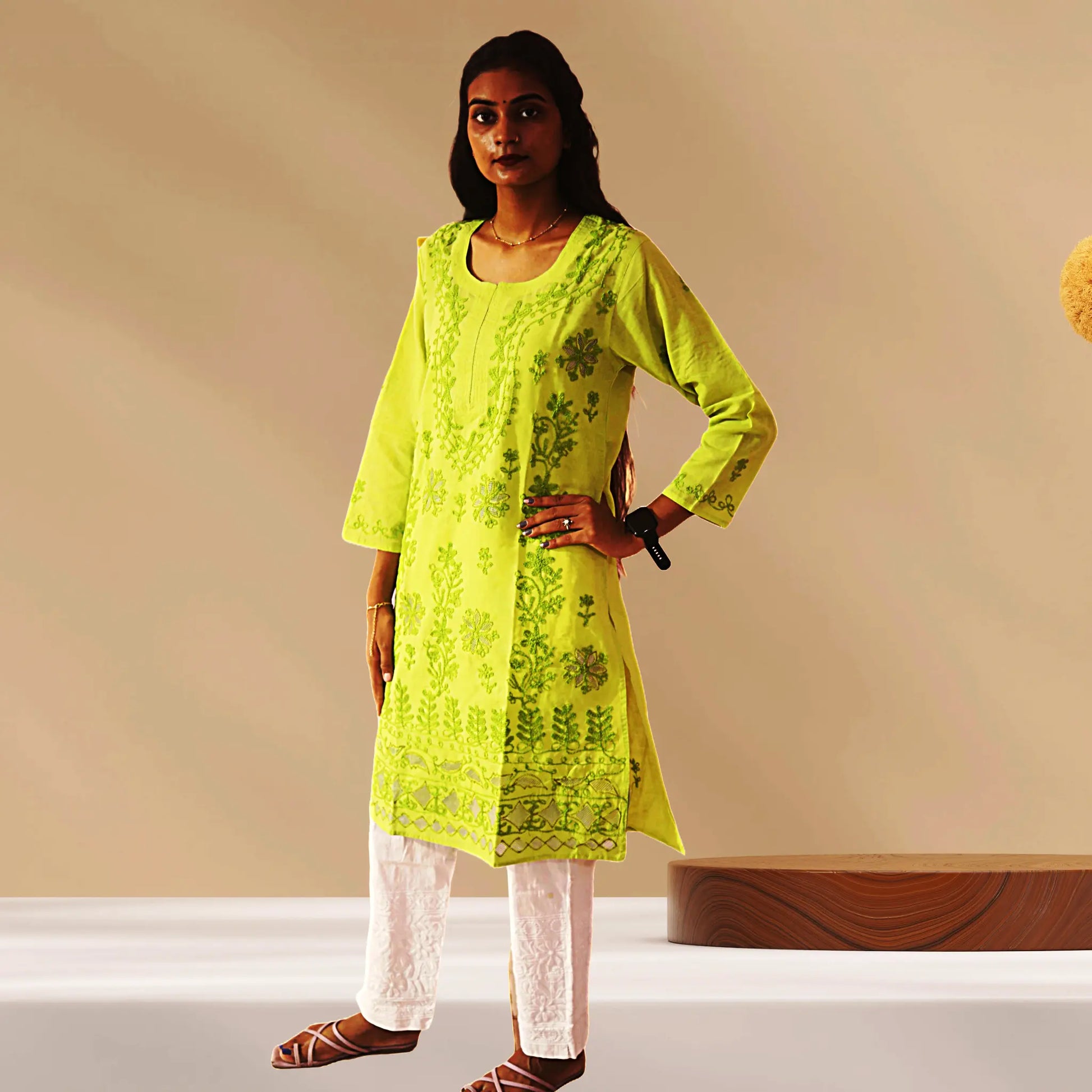 Chikan Cotton Kurti for Women with Net Embroidery Diwali Dress KurtiVerse