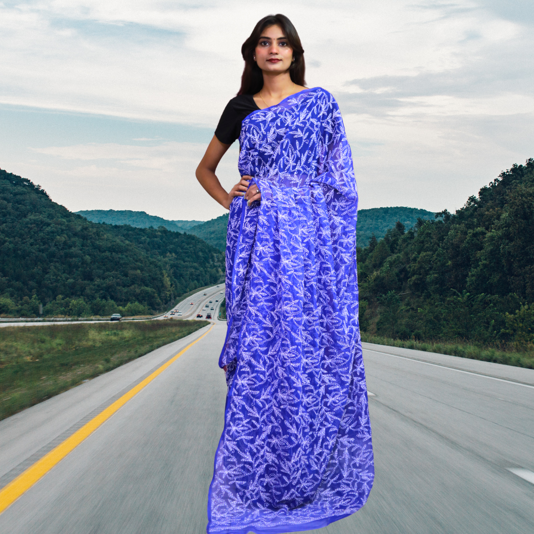 KURTIVERSE Women Chikankari Hand Embroidery Saree Blouse, Royal Blue